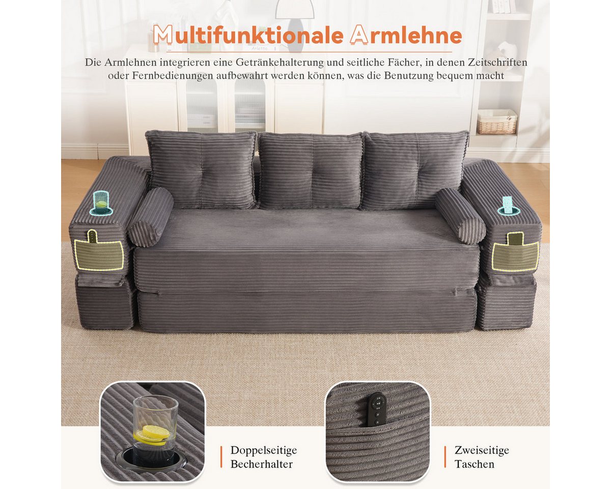 Odikalo Sofa Schlafsofa Cord-Klappsofa mit Seitentasche & Getränkehalter, mit hochdichtem Schaumstoff & Federkern für formstabilen Sitz, Armlehne mit Reißversch – Bild 4 von 5