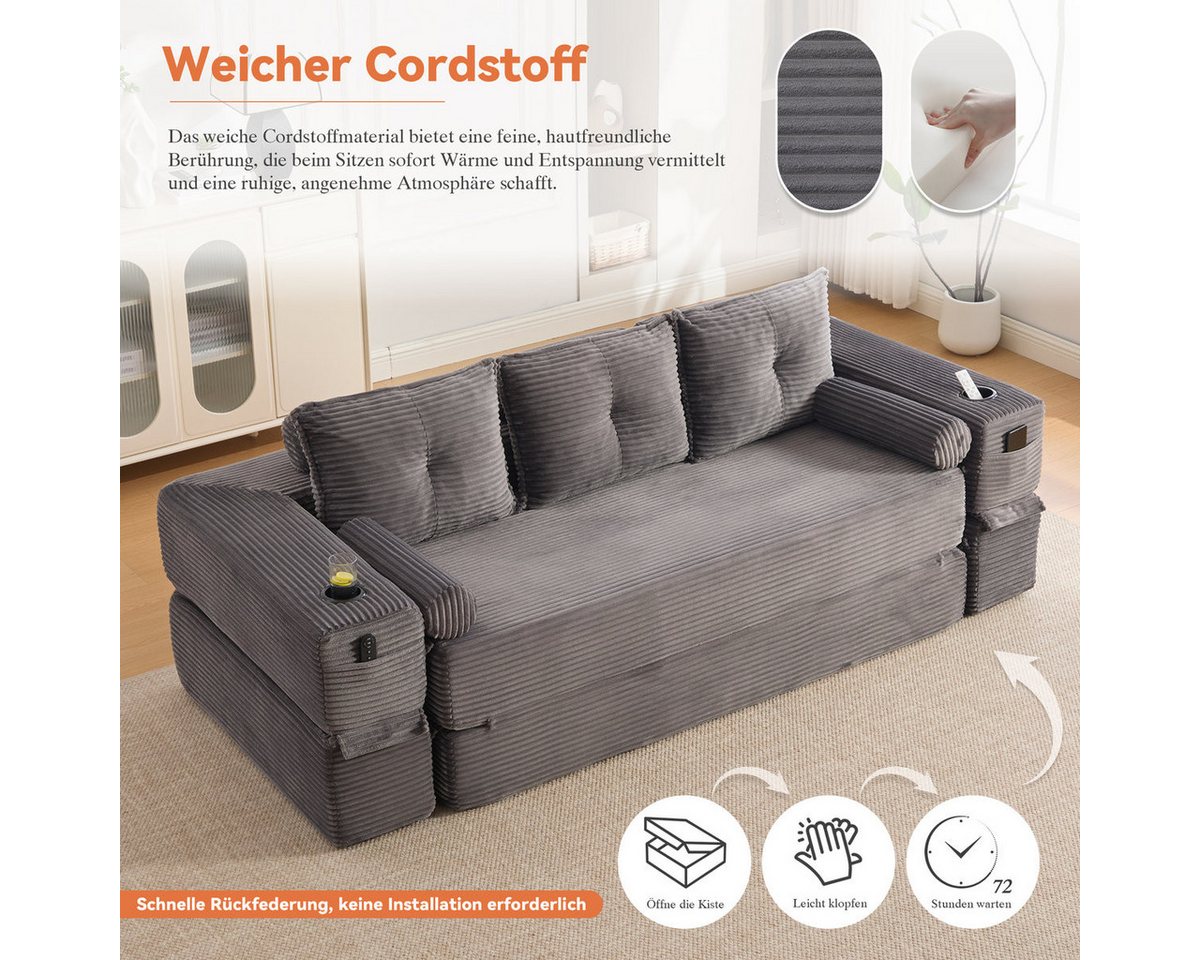 Odikalo Sofa Schlafsofa Cord-Klappsofa mit Seitentasche & Getränkehalter, mit hochdichtem Schaumstoff & Federkern für formstabilen Sitz, Armlehne mit Reißversch – Bild 5 von 5
