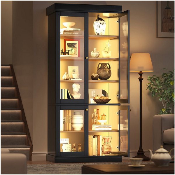 Odikalo Vitrine Vitrineschrank Glasvitrine mit LED (durchdachter Innenaufteilung und Kippschutz, stabil, sicher und vielseitig für Zuhause) 80×40×180cm