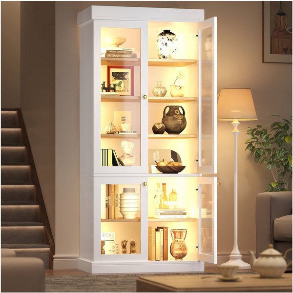 Odikalo Vitrine Vitrineschrank Glasvitrine mit LED (durchdachter Innenaufteilung und Kippschutz, stabil, sicher und vielseitig für Zuhause) 80×40×180cm