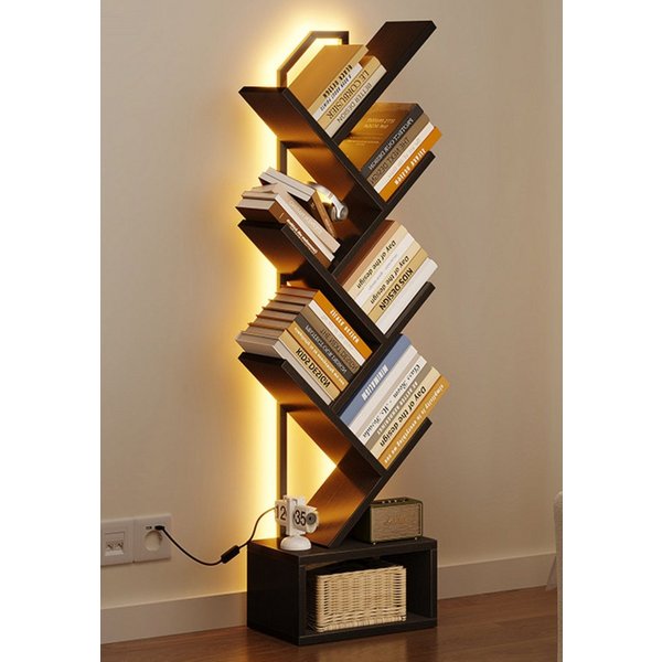 ODK Bücherregal in baumförmiger Optik, 6 offene Regale in Schwarz/Weiß, 1-tlg., mit integriertem LED-Lichtband – Ideal für Wohnzimmer & Schlafzimmer