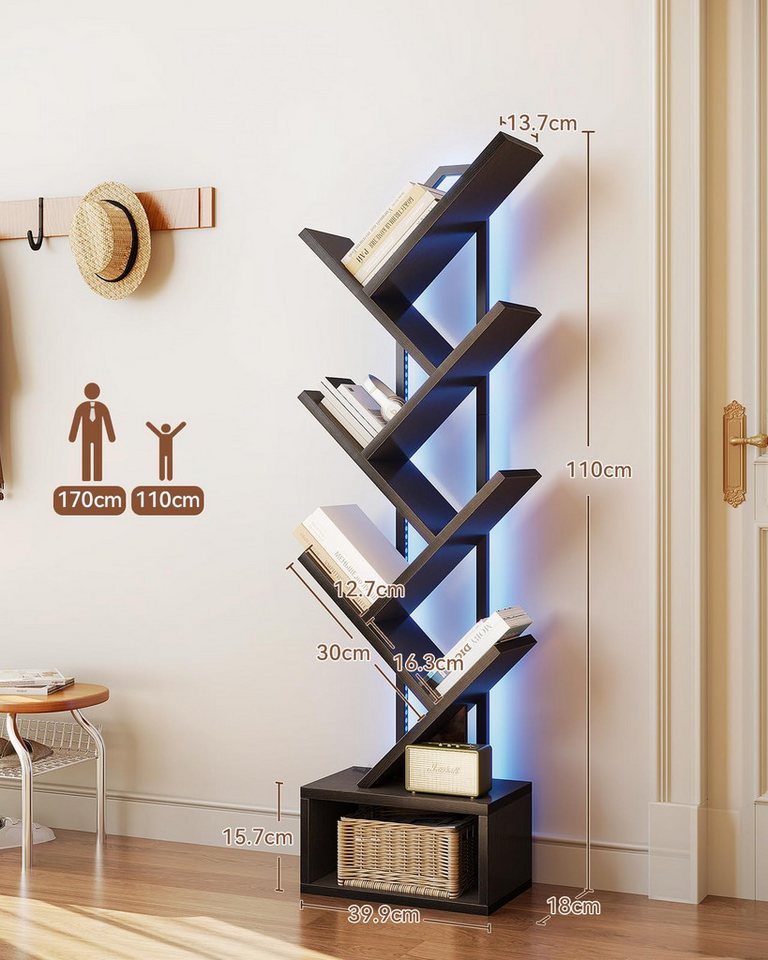 ODK Bücherregal in baumförmiger Optik, 6 offene Regale in Schwarz/Weiß, 1-tlg., mit integriertem LED-Lichtband – Ideal für Wohnzimmer & Schlafzimmer – Bild 2 von 5