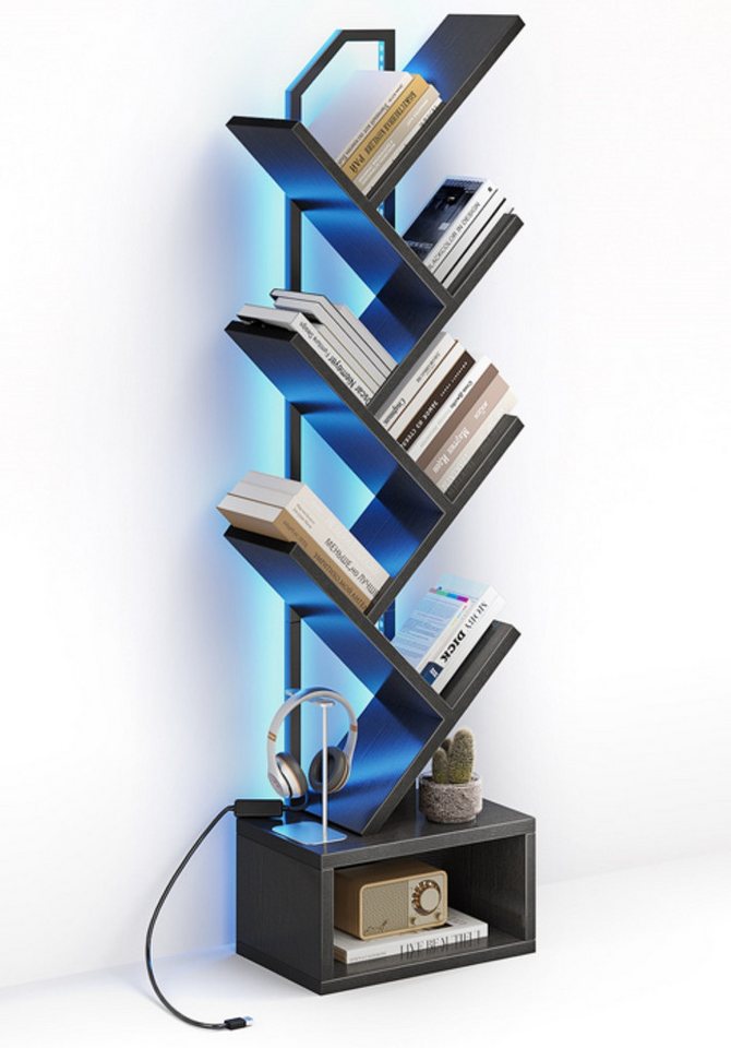 ODK Bücherregal in baumförmiger Optik, 6 offene Regale in Schwarz/Weiß, 1-tlg., mit integriertem LED-Lichtband – Ideal für Wohnzimmer & Schlafzimmer – Bild 3 von 5