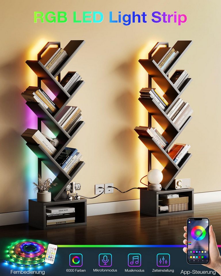 ODK Bücherregal in baumförmiger Optik, 6 offene Regale in Schwarz/Weiß, 1-tlg., mit integriertem LED-Lichtband – Ideal für Wohnzimmer & Schlafzimmer – Bild 4 von 5