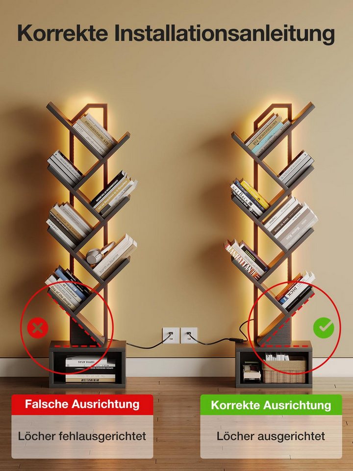 ODK Bücherregal in baumförmiger Optik, 6 offene Regale in Schwarz/Weiß, 1-tlg., mit integriertem LED-Lichtband – Ideal für Wohnzimmer & Schlafzimmer – Bild 5 von 5