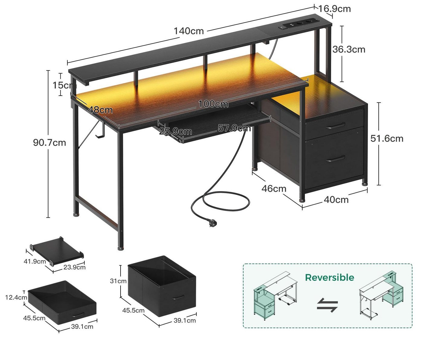 ODK Gamingtisch mit LED-Beleuchtung, Steckdosenleiste und ausziehbarer Tastaturablage (1-St), Mit Stoffschubladen und Monitorständer, 140×48×90,7 cm, Schwarz – Bild 2 von 5