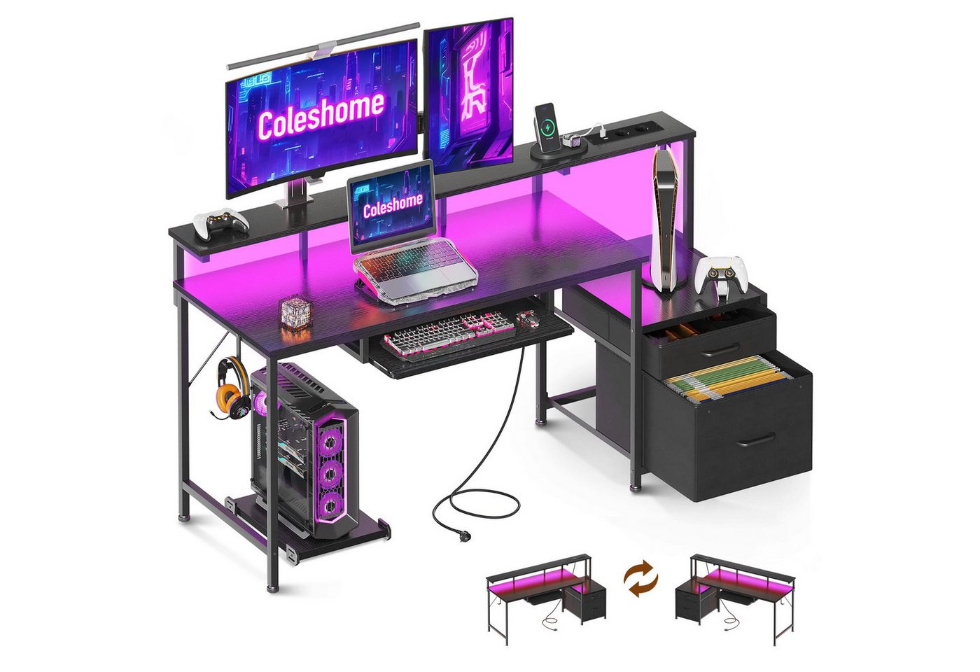 ODK Gamingtisch mit LED-Beleuchtung, Steckdosenleiste und ausziehbarer Tastaturablage (1-St), Mit Stoffschubladen und Monitorständer, 140×48×90,7 cm, Schwarz – Bild 3 von 5