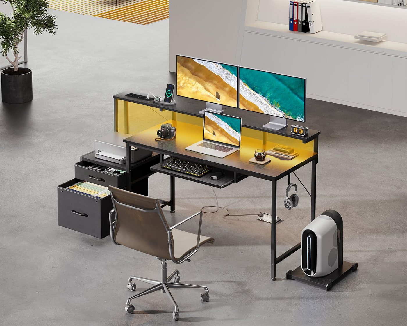 ODK Gamingtisch mit LED-Beleuchtung, Steckdosenleiste und ausziehbarer Tastaturablage (1-St), Mit Stoffschubladen und Monitorständer, 140×48×90,7 cm, Schwarz – Bild 4 von 5