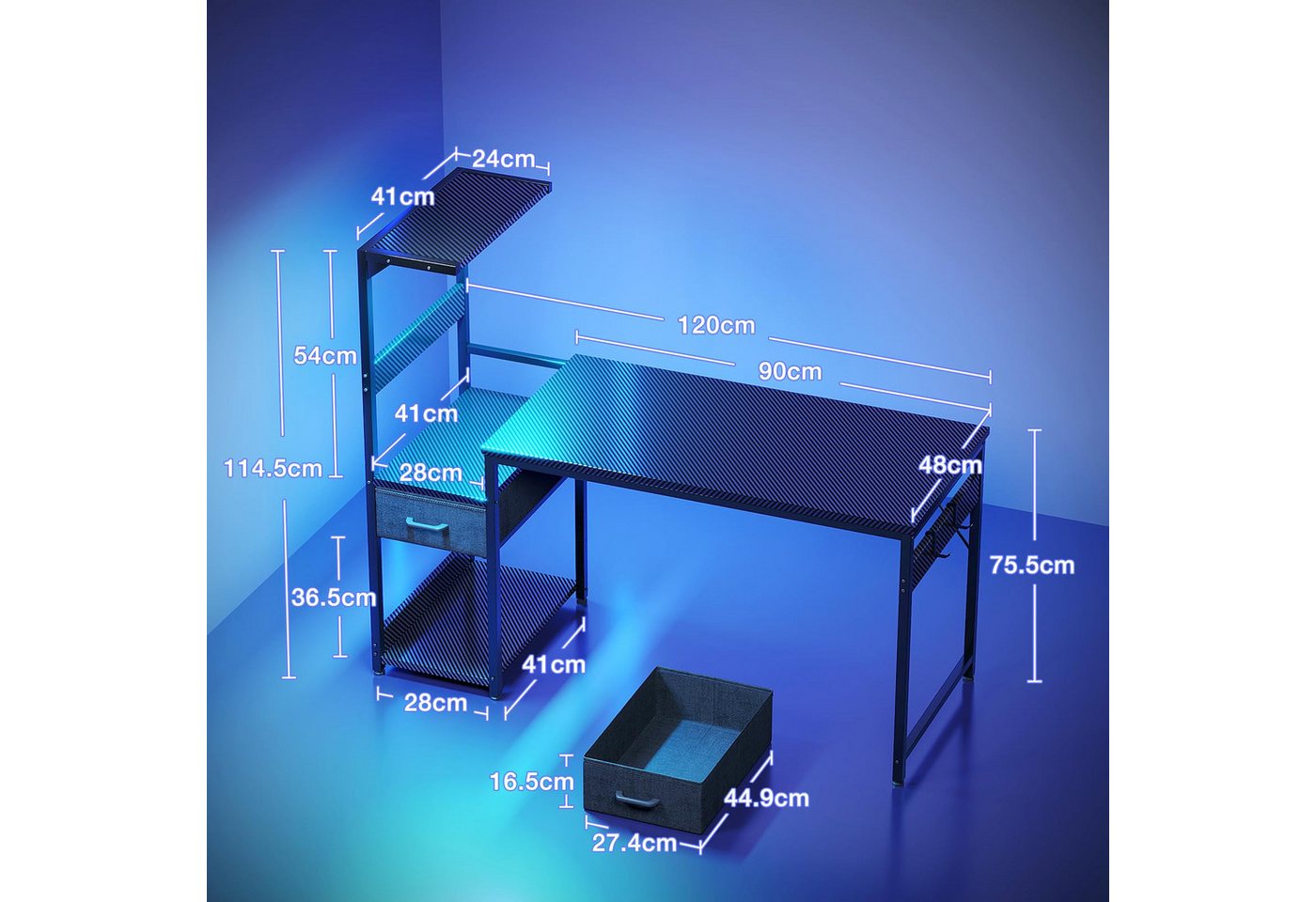 ODK Gamingtisch mit LED-Beleuchtung, Regal & Schublade in Carbon-Optik (1-St), 120 cm Computertisch & Schreibtisch – Bild 2 von 5