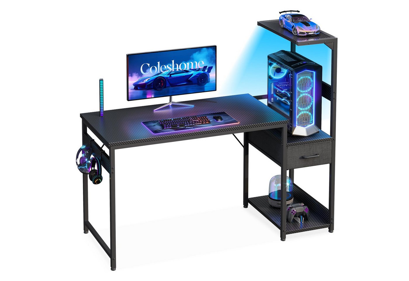 ODK Gamingtisch mit LED-Beleuchtung, Regal & Schublade in Carbon-Optik (1-St), 120 cm Computertisch & Schreibtisch – Bild 3 von 5