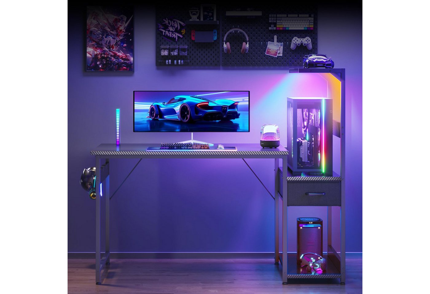 ODK Gamingtisch mit LED-Beleuchtung, Regal & Schublade in Carbon-Optik (1-St), 120 cm Computertisch & Schreibtisch – Bild 4 von 5