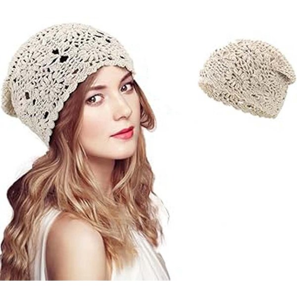 Oemmn Beanie Damen-Häkelmütze, lockere Strickmütze, Baumwolle, handgefertigt