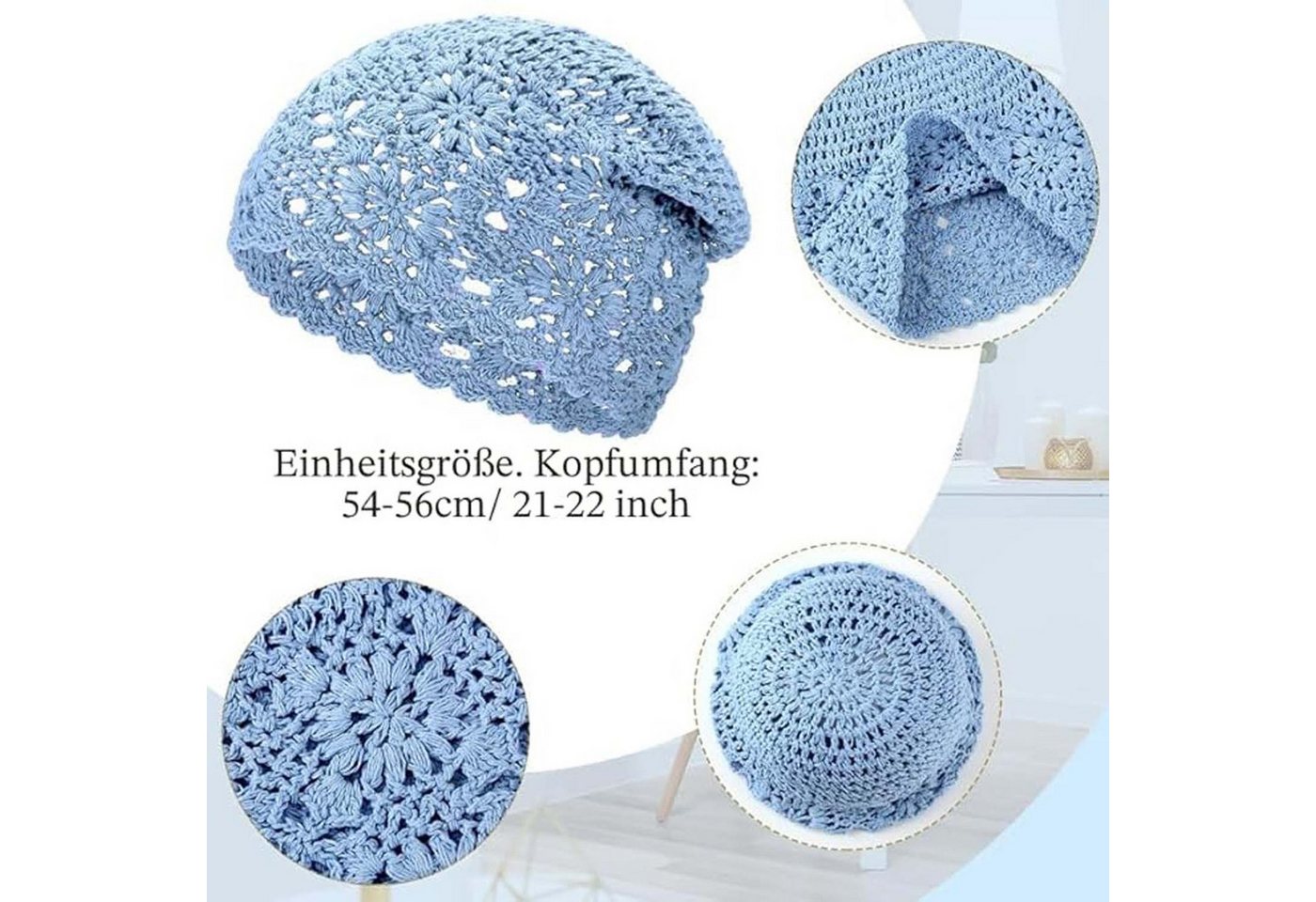 Oemmn Beanie Damen-Häkelmütze, lockere Strickmütze, Baumwolle, handgefertigt – Bild 2 von 5