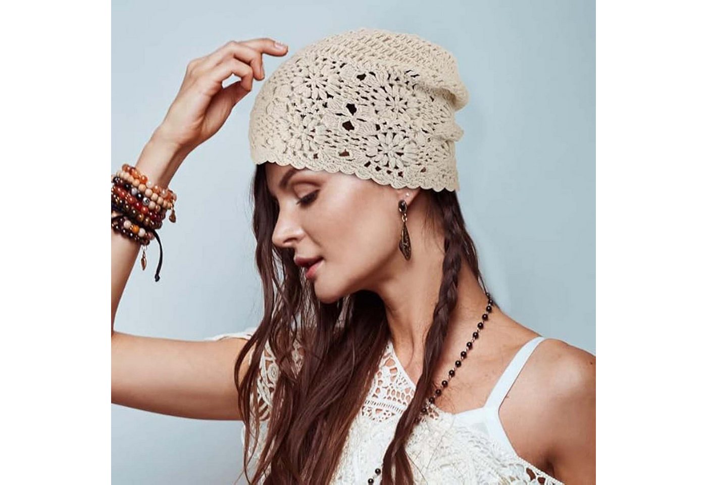 Oemmn Beanie Damen-Häkelmütze, lockere Strickmütze, Baumwolle, handgefertigt – Bild 4 von 5