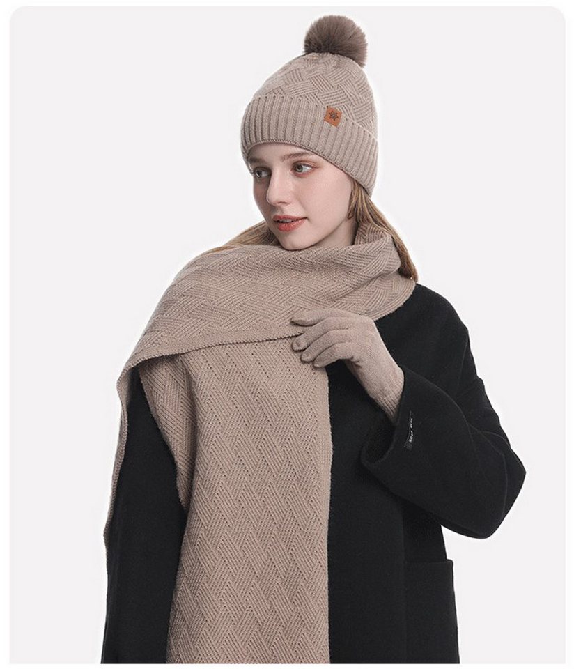Oemmn Mütze & Schal Damen Winterset 3-teilig, Mütze Schal Handschuhe Set (3-tlg) mit Bommelmütze und Touchscreen-Funktion, Warm gefüttert – Bild 3 von 5