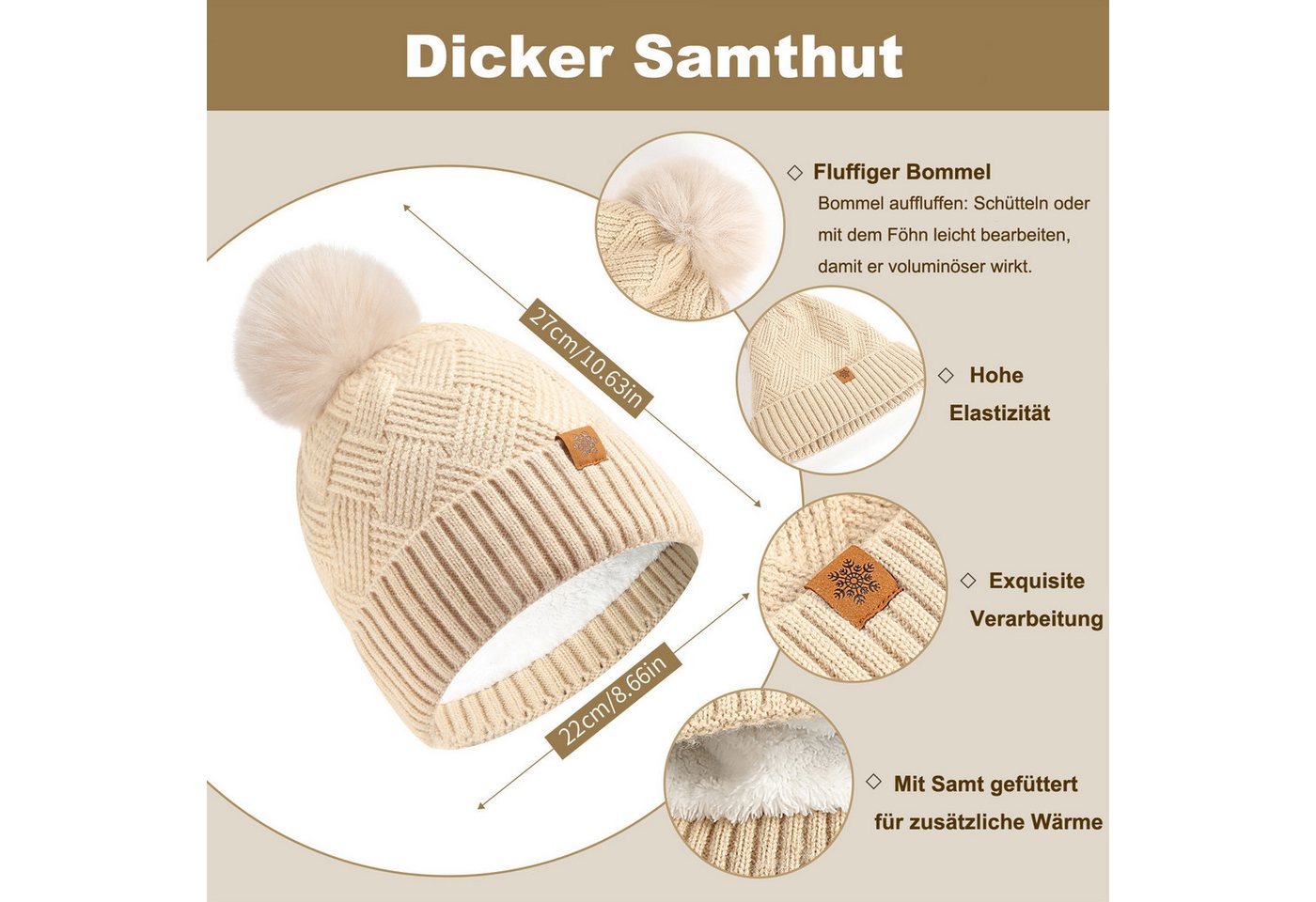 Oemmn Mütze & Schal Damen Winterset 3-teilig, Mütze Schal Handschuhe Set (3-tlg) mit Bommelmütze und Touchscreen-Funktion, Warm gefüttert – Bild 5 von 5