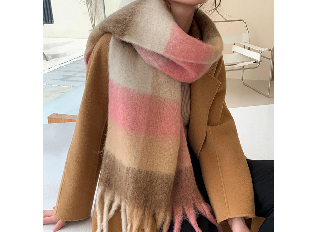 Oemmn Wollschal Damen Schal,kuschelweich Karo,Winter Schal Poncho Qualität mit Fransen – Bild 2 von 5