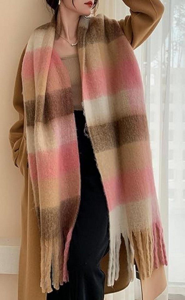 Oemmn Wollschal Damen Schal,kuschelweich Karo,Winter Schal Poncho Qualität mit Fransen – Bild 3 von 5