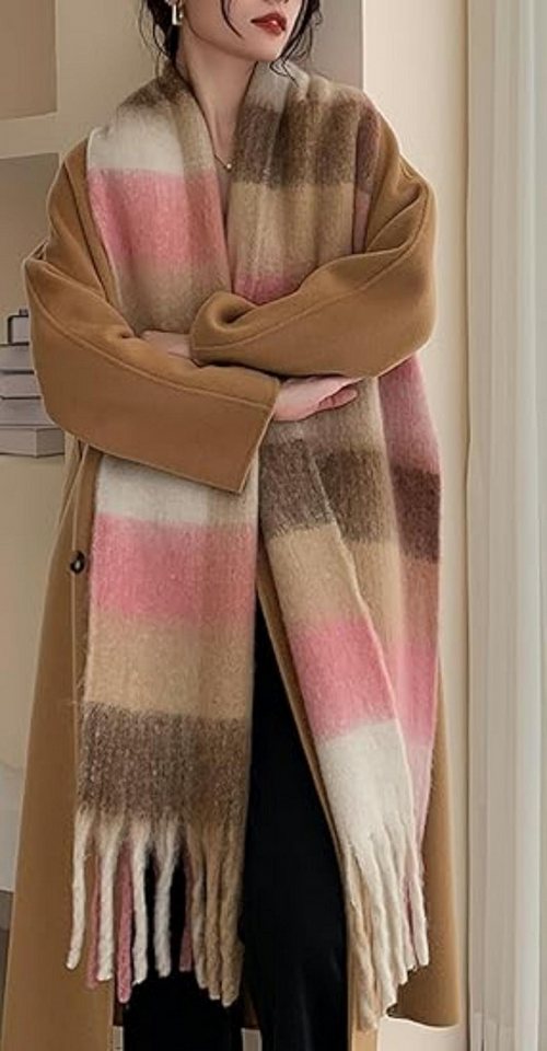 Oemmn Wollschal Damen Schal,kuschelweich Karo,Winter Schal Poncho Qualität mit Fransen – Bild 4 von 5