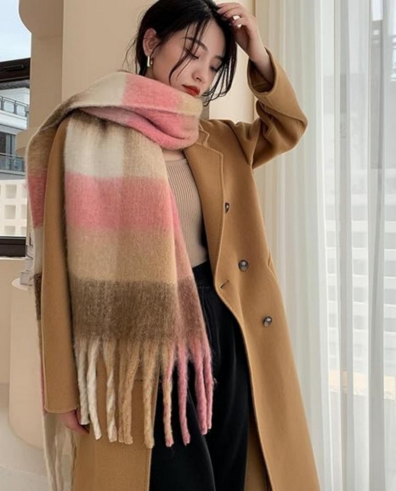 Oemmn Wollschal Damen Schal,kuschelweich Karo,Winter Schal Poncho Qualität mit Fransen – Bild 5 von 5