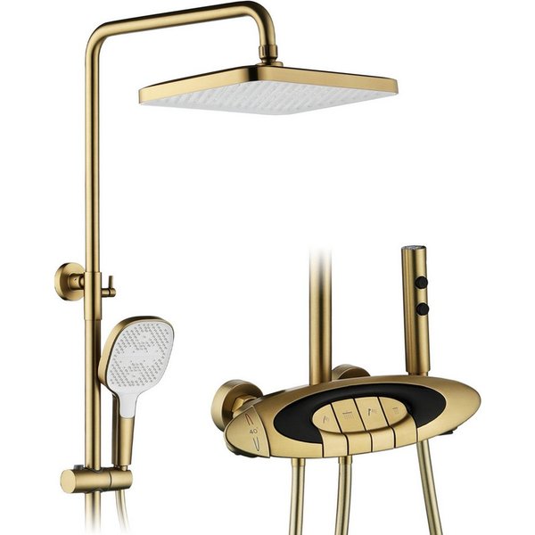 Oihpaw Duschsystem 4in1 Thermostat 3-Modus-Handbrause Wandmontage Regendusche, 1 tlg., 350×220mm quadratische Regendusche, Gebürstetes Gold
