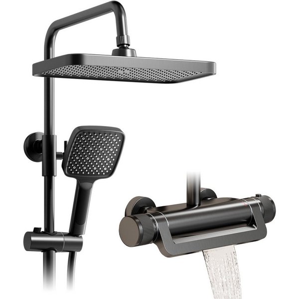 Oihpaw Duschsystem Premium Duschsäulen-Set 3in1, 330x220mm Regendusche mit Thermostat, Höhe 118 cm, 3 Strahlart(en), 360° verstellbar & 3-Strahl-Handbrause mit 