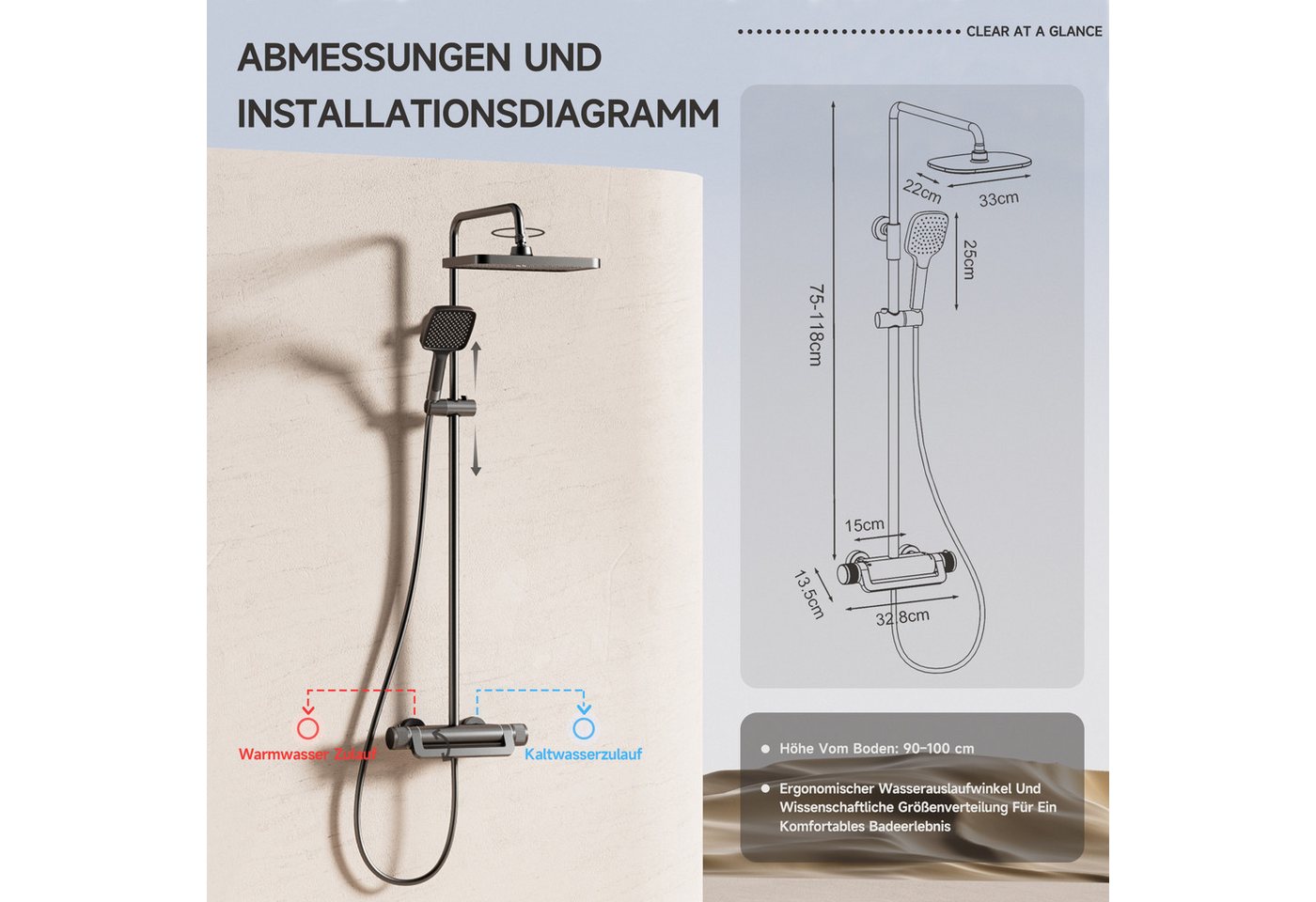 Oihpaw Duschsystem Premium Duschsäulen-Set 3in1, 330x220mm Regendusche mit Thermostat, Höhe 118 cm, 3 Strahlart(en), 360° verstellbar & 3-Strahl-Handbrause mit  – Bild 2 von 5