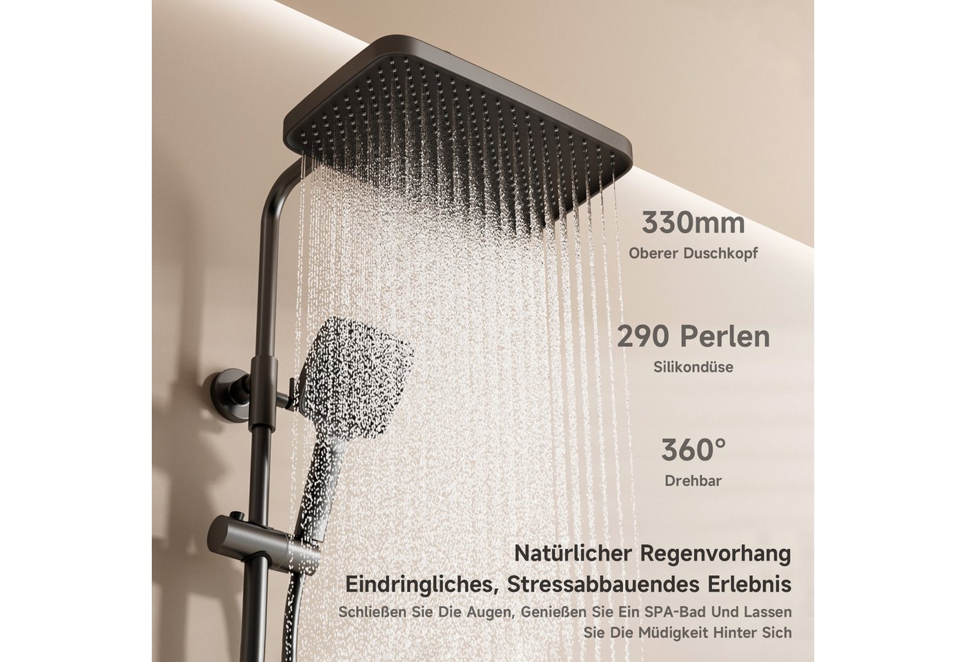 Oihpaw Duschsystem Premium Duschsäulen-Set 3in1, 330x220mm Regendusche mit Thermostat, Höhe 118 cm, 3 Strahlart(en), 360° verstellbar & 3-Strahl-Handbrause mit  – Bild 4 von 5