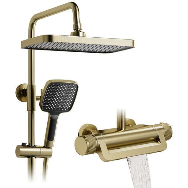 Oihpaw Duschsystem Premium Duschsäulen-Set 3in1, 330x220mm Regendusche mit Thermostat, Höhe 118 cm, 3 Strahlart(en), 360° verstellbar & 3-Strahl-Handbrause mit 