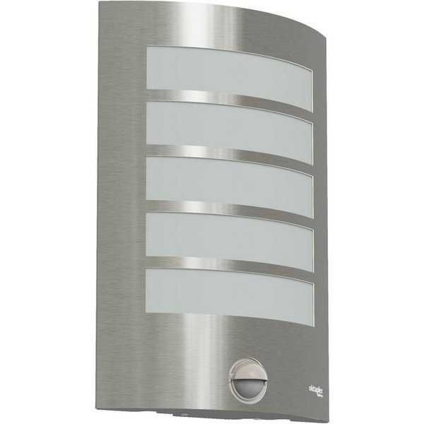 Oktaplex lighting Außen-Wandleuchte Alto E27 Außenleuchte mit Bewegungsmelder 7m / 90 Grad, PIR-Sensor, ohne Leuchtmittel, Außenwandlampe IP44 Edelstahl Blende 