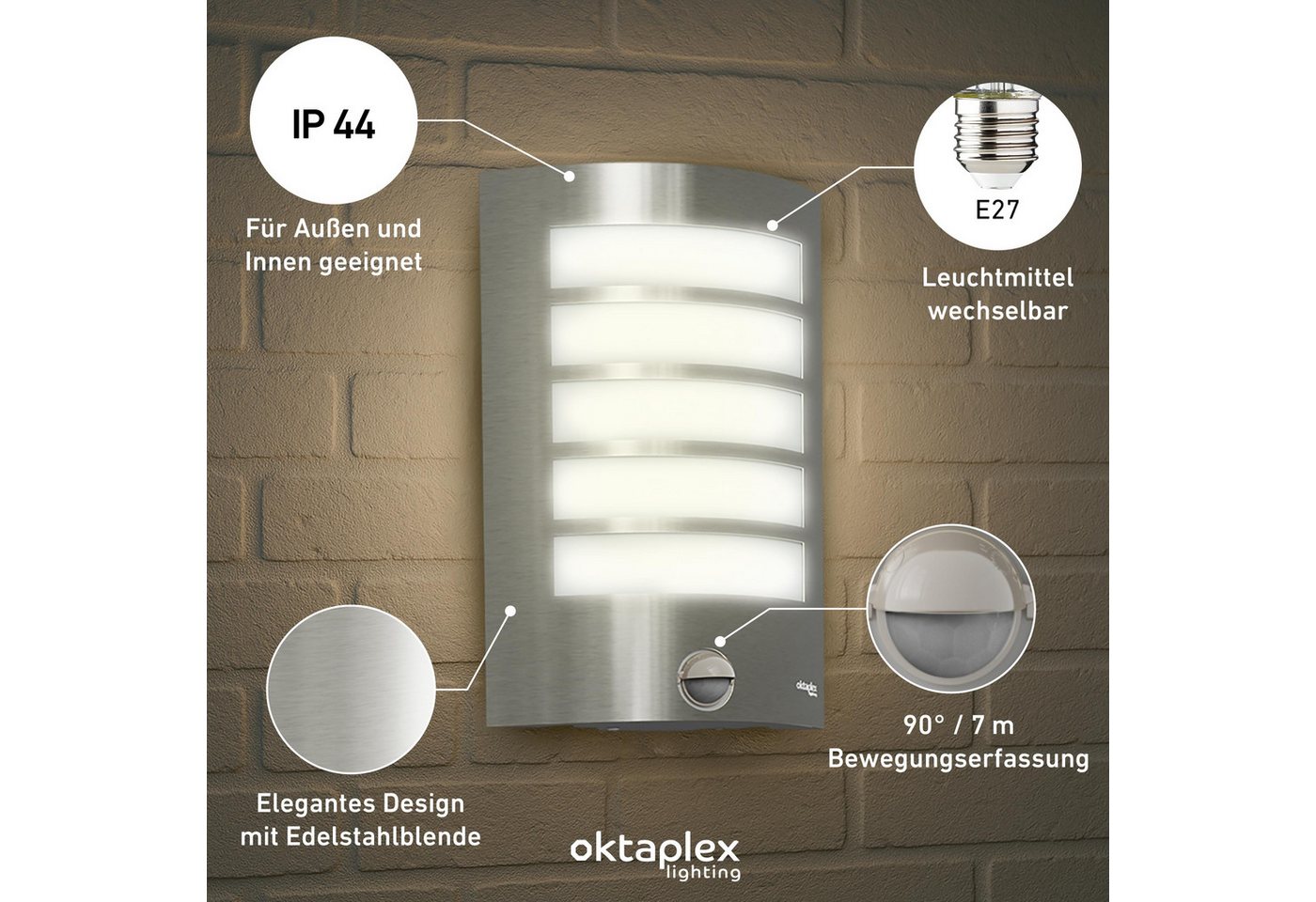 Oktaplex lighting Außen-Wandleuchte Alto E27 Außenleuchte mit Bewegungsmelder 7m / 90 Grad, PIR-Sensor, ohne Leuchtmittel, Außenwandlampe IP44 Edelstahl Blende  – Bild 2 von 5