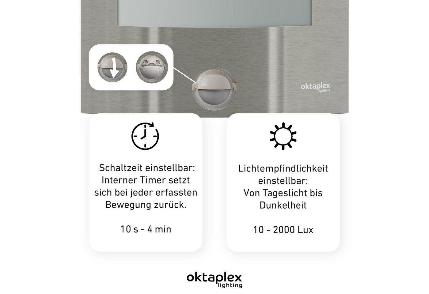 Oktaplex lighting Außen-Wandleuchte Alto E27 Außenleuchte mit Bewegungsmelder 7m / 90 Grad, PIR-Sensor, ohne Leuchtmittel, Außenwandlampe IP44 Edelstahl Blende  – Bild 3 von 5