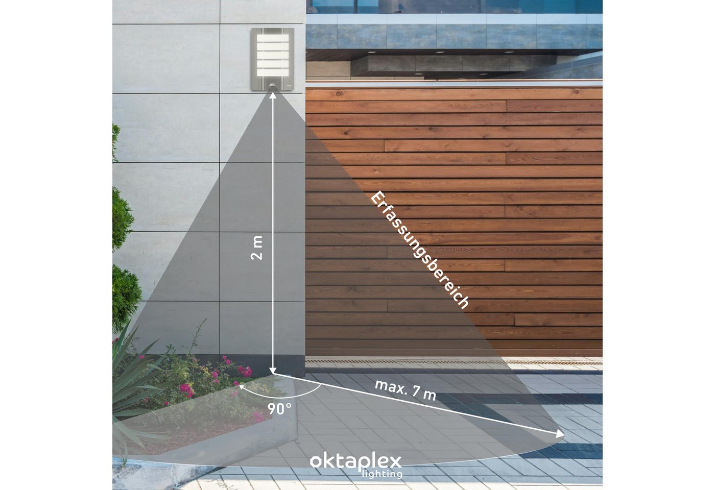 Oktaplex lighting Außen-Wandleuchte Alto E27 Außenleuchte mit Bewegungsmelder 7m / 90 Grad, PIR-Sensor, ohne Leuchtmittel, Außenwandlampe IP44 Edelstahl Blende  – Bild 4 von 5