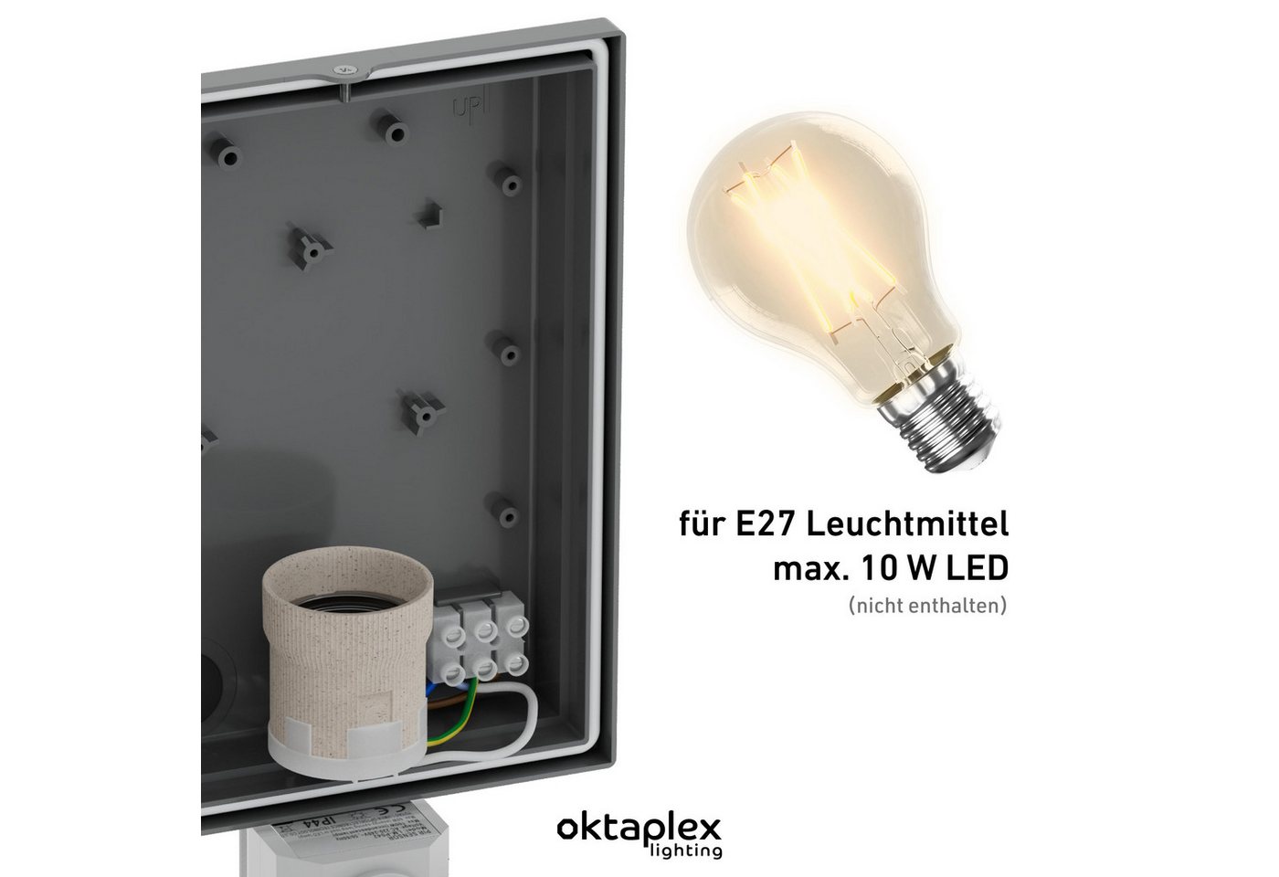 Oktaplex lighting Außen-Wandleuchte Alto E27 Außenleuchte mit Bewegungsmelder 7m / 90 Grad, PIR-Sensor, ohne Leuchtmittel, Außenwandlampe IP44 Edelstahl Blende  – Bild 5 von 5