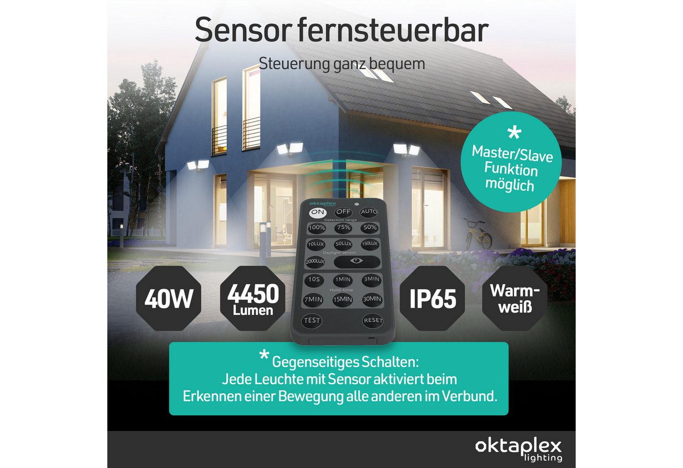 Oktaplex lighting LED Außen-Wandleuchte Cali Dos LED Strahler mit Bewegungsmelder 8m / 240 Grad IP65, PIR-Sensor, dreh- und schwenkbar, inklusive Leuchtmittel,  – Bild 2 von 5