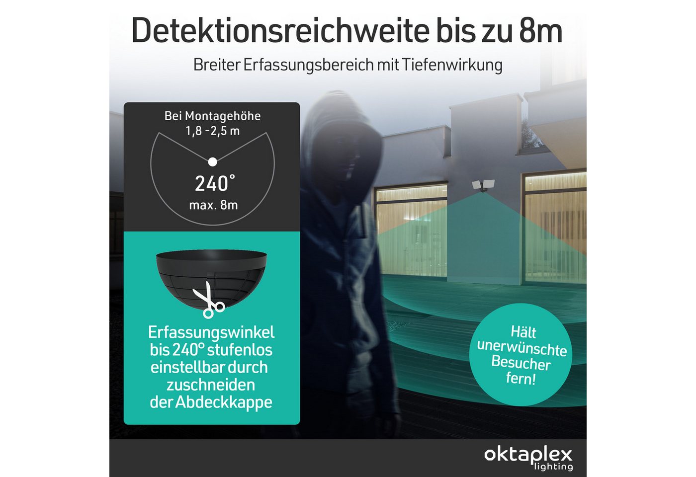 Oktaplex lighting LED Außen-Wandleuchte Cali Dos LED Strahler mit Bewegungsmelder 8m / 240 Grad IP65, PIR-Sensor, dreh- und schwenkbar, inklusive Leuchtmittel,  – Bild 3 von 5