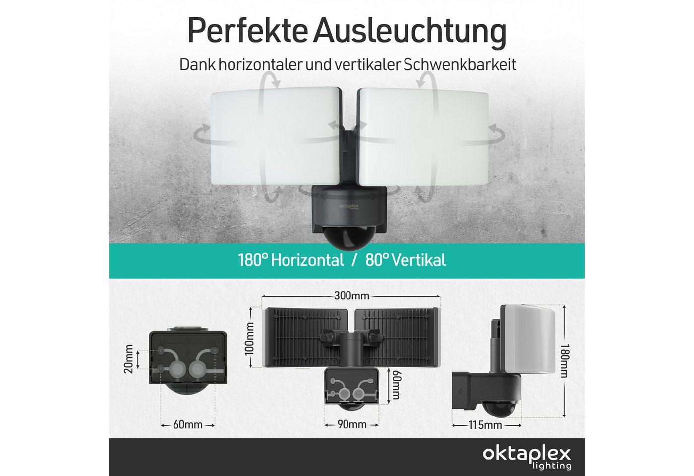 Oktaplex lighting LED Außen-Wandleuchte Cali Dos LED Strahler mit Bewegungsmelder 8m / 240 Grad IP65, PIR-Sensor, dreh- und schwenkbar, inklusive Leuchtmittel,  – Bild 4 von 5