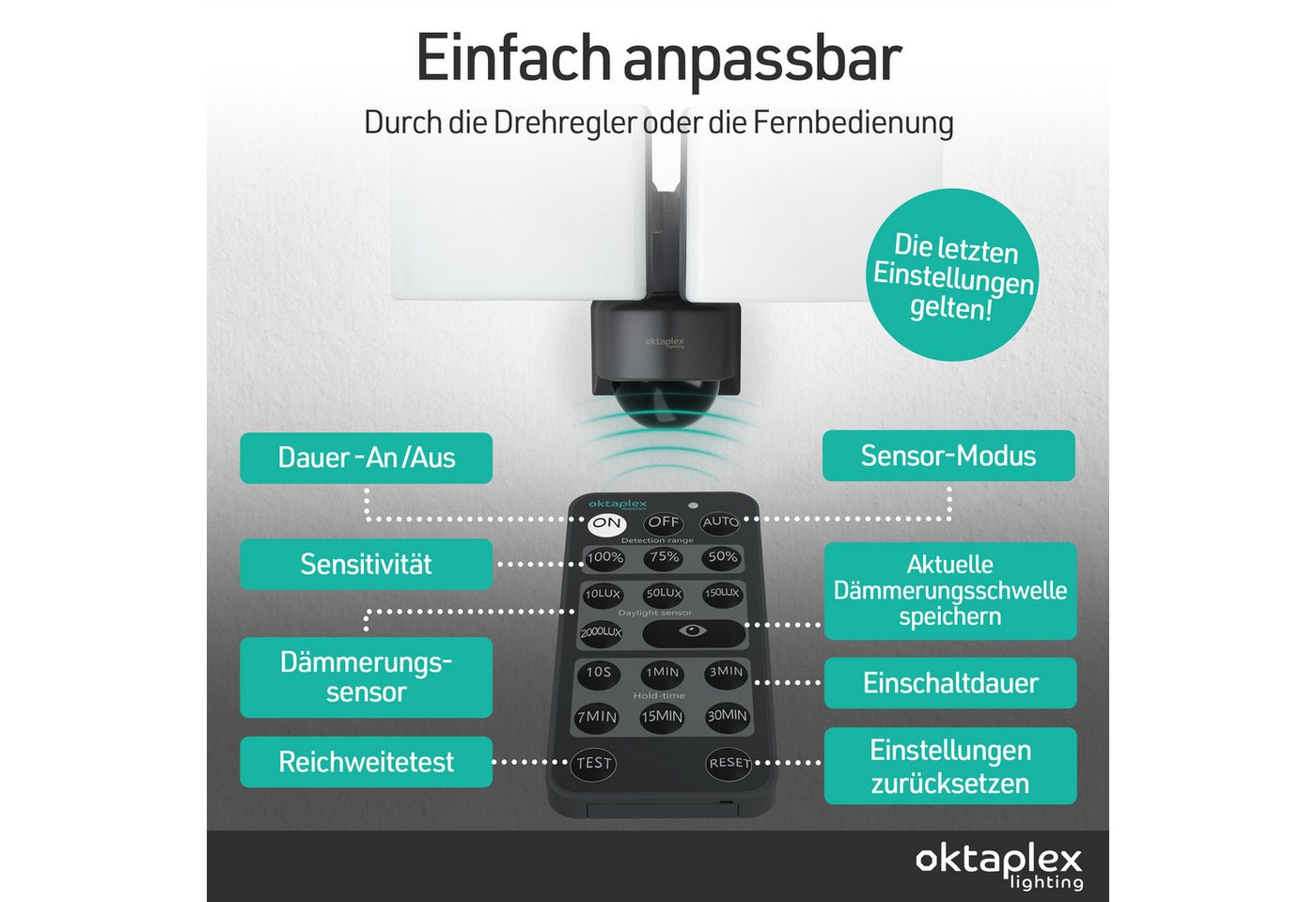 Oktaplex lighting LED Außen-Wandleuchte Cali Dos LED Strahler mit Bewegungsmelder 8m / 240 Grad IP65, PIR-Sensor, dreh- und schwenkbar, inklusive Leuchtmittel,  – Bild 5 von 5