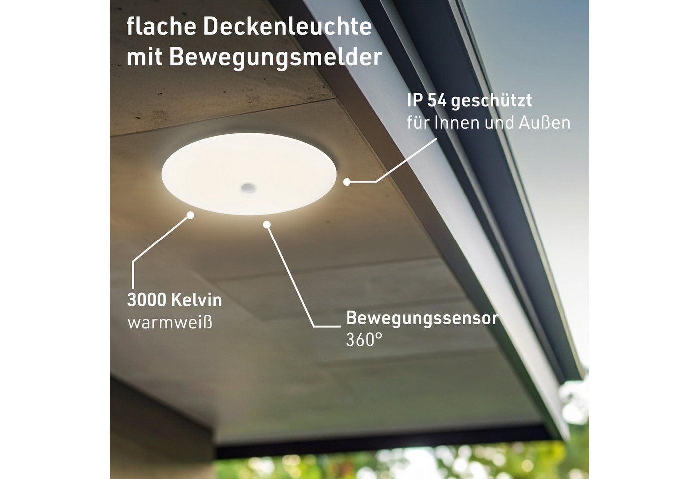 Oktaplex lighting LED Deckenleuchte Orta Deckenampe mit Bewegungsmelder 360 Grad, Bewegungsmelder, inklusive Leuchtmittel, warmweiß, 3000K Leuchte 26cm 1150lm w – Bild 2 von 5