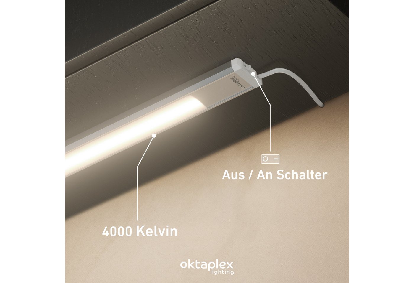 Oktaplex lighting LED Unterbauleuchte Aluminium Unterschrankleuchte Küche 40cm 475lm 6W, LED, warmweiß, 4000K Unterschranklampe Alu Küche mit Schalter – Bild 2 von 5