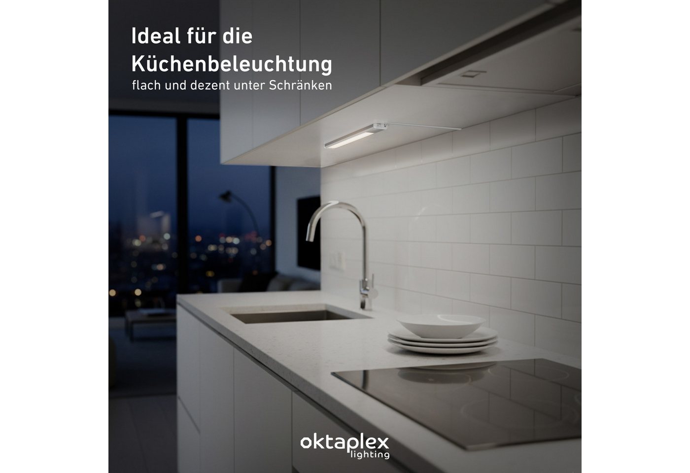 Oktaplex lighting LED Unterbauleuchte Aluminium Unterschrankleuchte Küche 40cm 475lm 6W, LED, warmweiß, 4000K Unterschranklampe Alu Küche mit Schalter – Bild 4 von 5