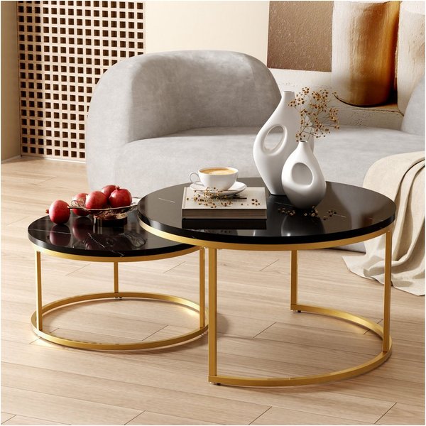 OKWISH Couchtisch Runder Satztisch (Wohnzimmertisch, Sofatisch, 2-St., Großer Tisch:80 x 80 cm, Kleiner Tisch: 60 x 60 cm), geschachtelter Beistelltisch