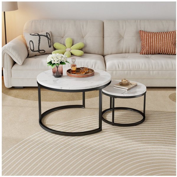 OKWISH Couchtisch Set 2-tlg 70x45 / 45x35 cm Marmoroptik schwarz Metall (Packung, 2-St., Stabiler Metallrahmen mit rutschfesten Füßen, kratzfeste Oberfläche), P