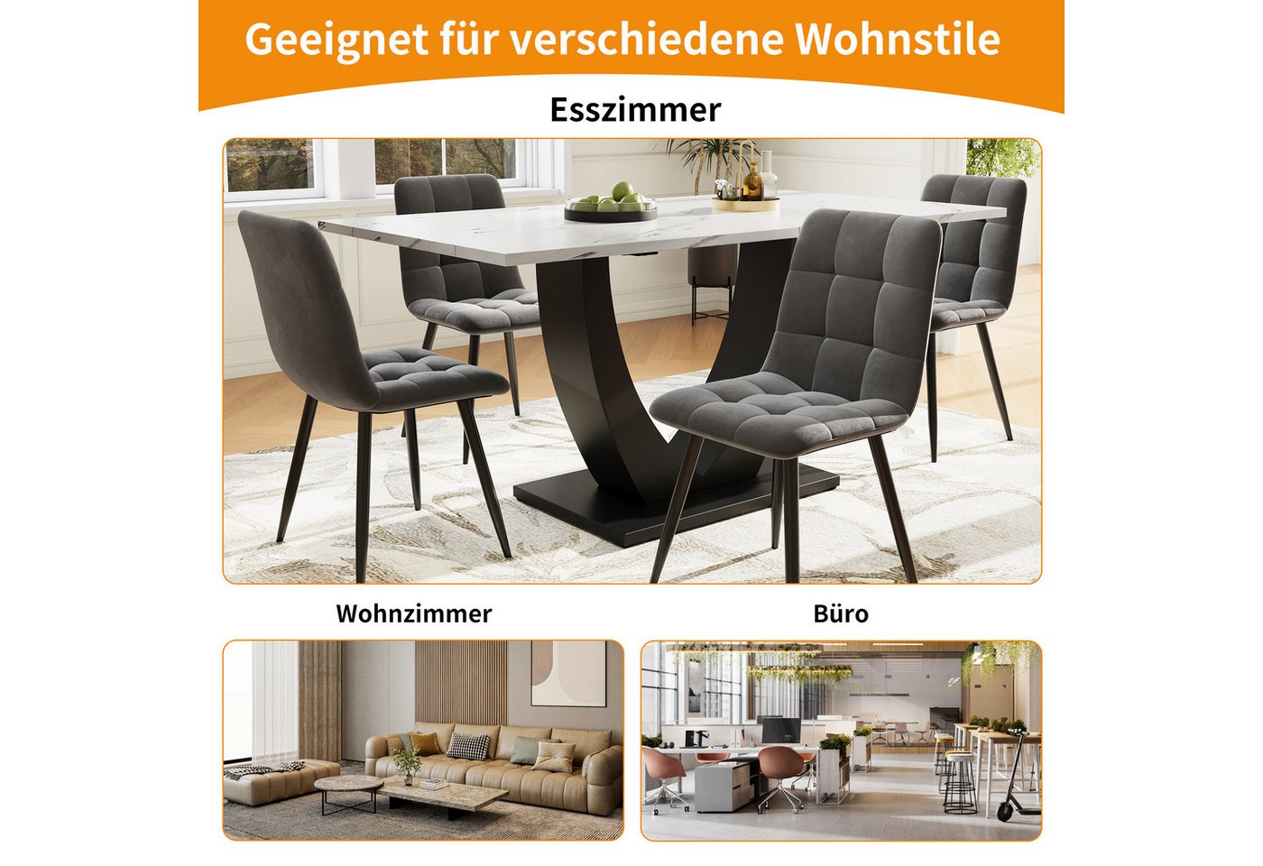 OKWISH Esstisch Langer Tisch,Moderne Esstisch,Esstisch-Set (140 x 80 cm Esstisch (1-St), Moderner Marmormuster Küchentisch mit Metallgestell, Verstellbare Füße, – Bild 4 von 5