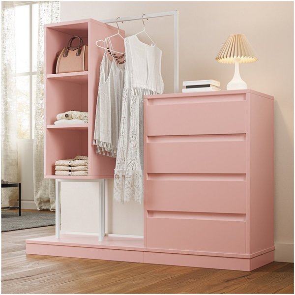 OKWISH Garderoben-Set Kleiderschrank,Sideboard, (Rosa Kleiderschrank-Set mit Schubladen & Kleiderstange – Flexibler Stauraum, stabiler Metallrahmen., 1-St., B14