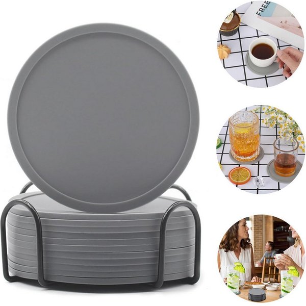 OKWISH Getränkeuntersetzer 12er Gläser Untersetzer Set Glasuntersetzer Tischuntersetzer Rund 10cm, Silikonuntersetzer mit Edelstahl Halter Durchmesser 10 cm aus
