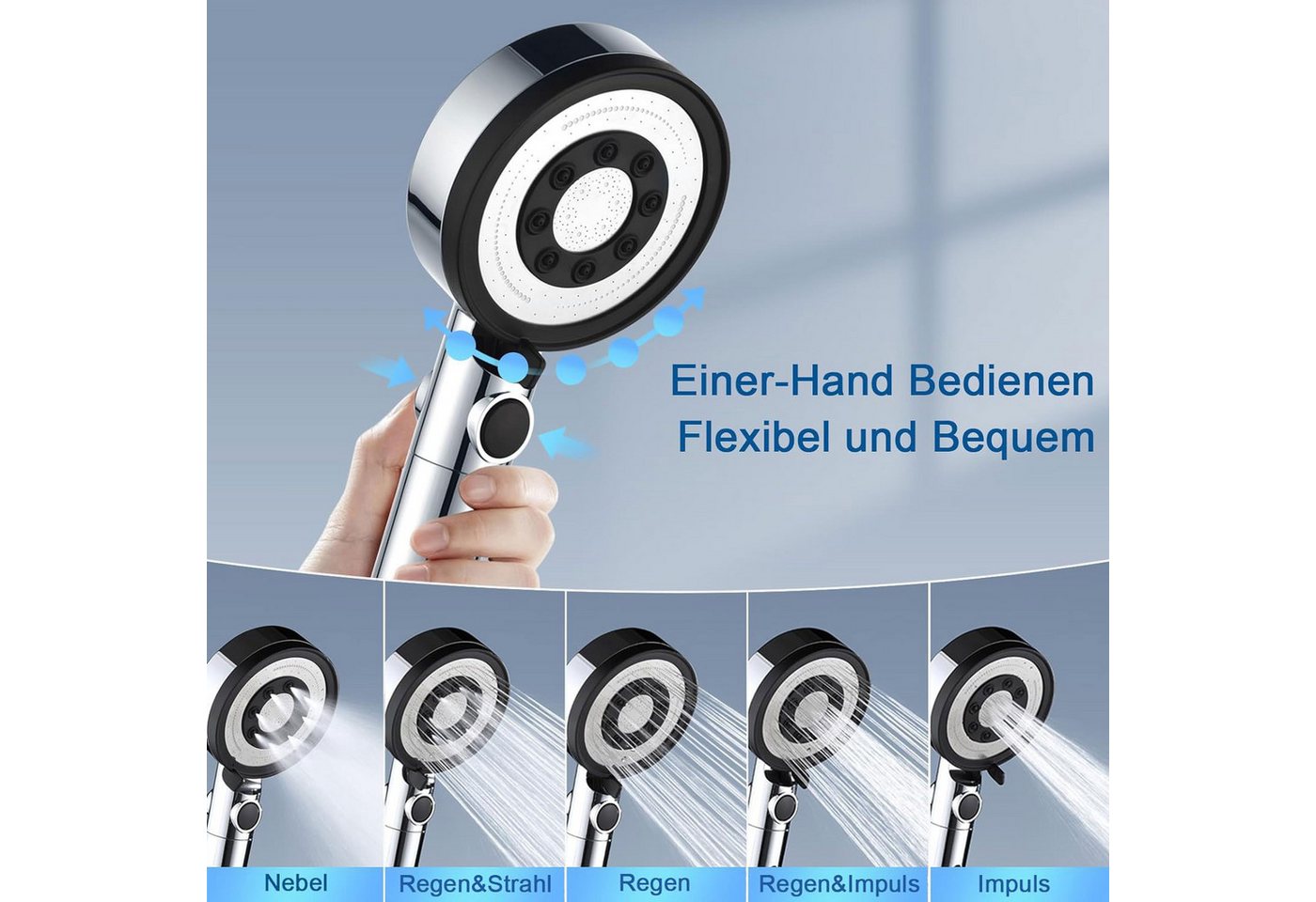 OKWISH Handbrause Duschkopf Sparduschkopf Regendusche Brausekopf Duschbrause, (nur Kopf ohne Schlauch, 1-tlg., Wassersparend Hochdruck Druckerhöhende), 5 Strahl – Bild 2 von 5