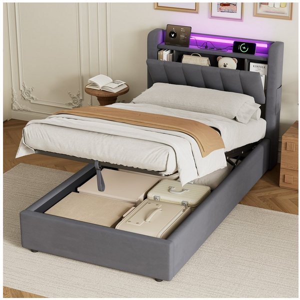 OKWISH Polsterbett mit Hydraulik, LED-Beleuchtung, Steckdosen und USB-Ladeanschlüssen (Funktionsbett, 1-tlg., 90x200 cm, Samt,ohne Matratze), Kopfteil mit Einle