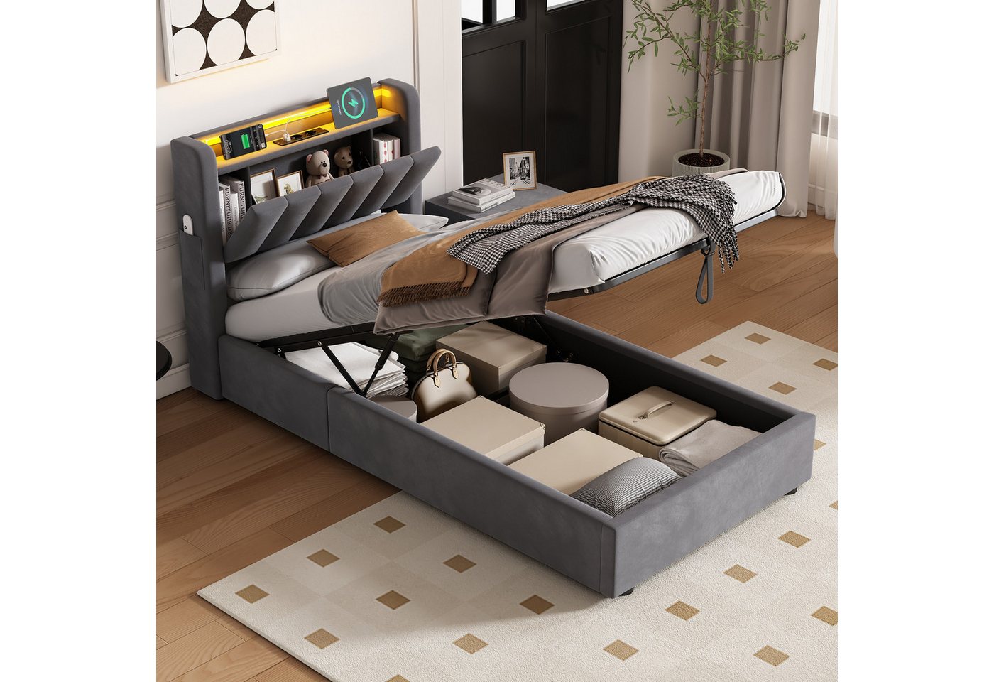 OKWISH Polsterbett mit Hydraulik, LED-Beleuchtung, Steckdosen und USB-Ladeanschlüssen (Funktionsbett, 1-tlg., 90x200 cm, Samt,ohne Matratze), Kopfteil mit Einle – Bild 2 von 5