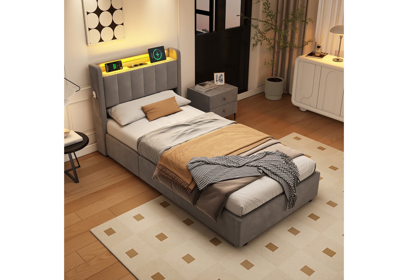 OKWISH Polsterbett mit Hydraulik, LED-Beleuchtung, Steckdosen und USB-Ladeanschlüssen (Funktionsbett, 1-tlg., 90x200 cm, Samt,ohne Matratze), Kopfteil mit Einle – Bild 3 von 5